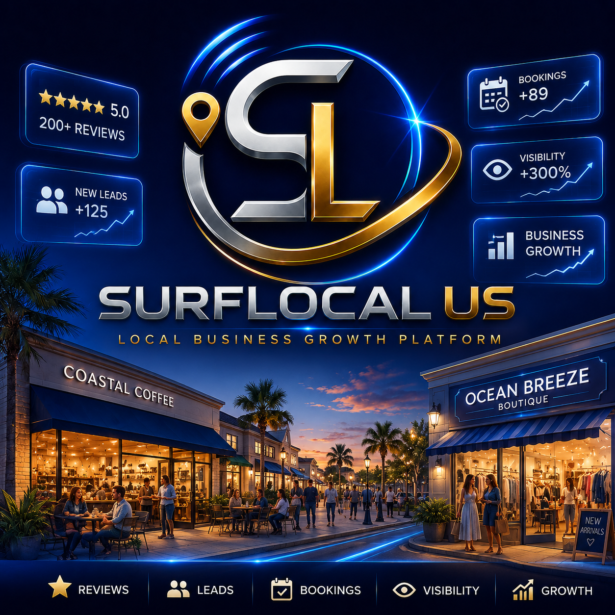 Surflocal US business growth platform showing reviews, leads, bookings, visibility, and growth.