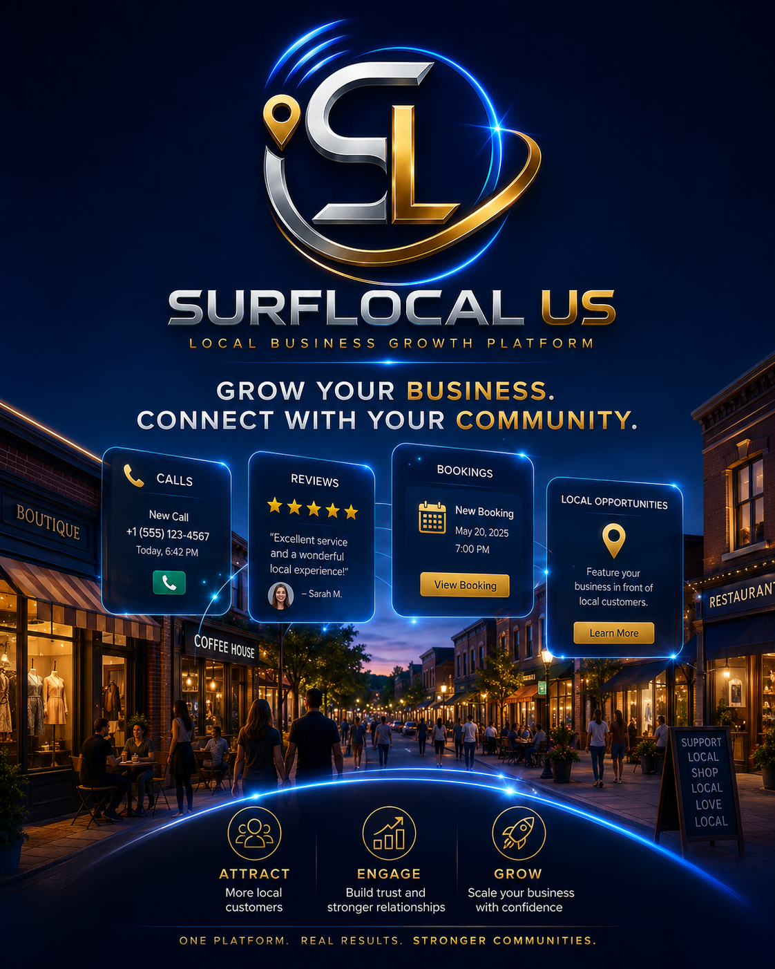 Surflocal US local business growth platform showing calls, reviews, bookings, opportunities, customer attraction, engagement, and growth.