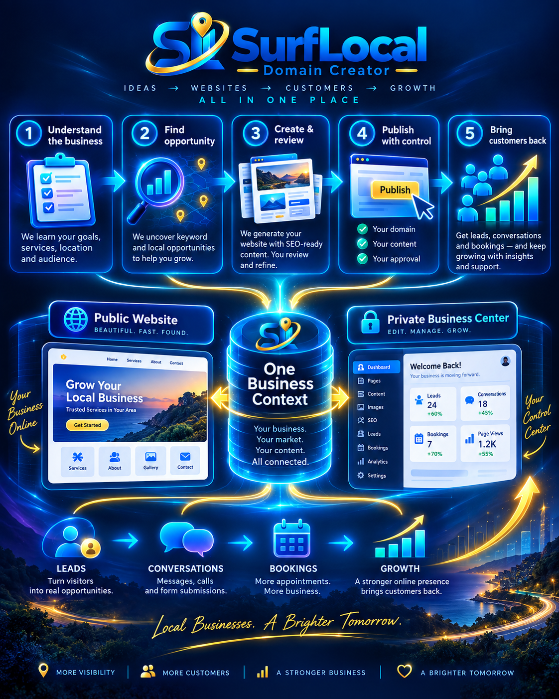 How SurfLocal Domain Creator connects opportunity, website creation, publishing and customer response